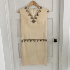 Vintage 50s 60s Cream Sleeveless V-Neck Beaded Dress